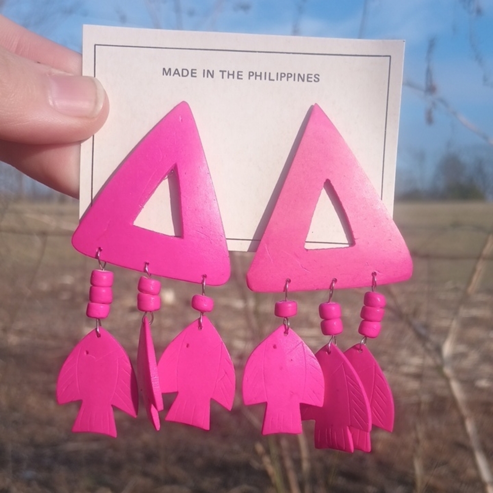 Wooden Fish Stud Dangle Earrings - Picture 1 of 4